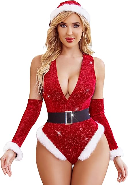 Women Christmas Lingerie Bodysuits Sexy Deep V Plunging Teddy with Christmas Hat and Fingerless Gloves