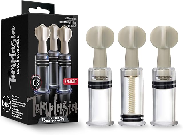 Blush Novelties Temptasia Clit & Nipple Twist Suckers, Set of 3 Adjustable Suckers, Twist to Increase Vacuum, Heighten Sensitivity & Arousal - 1.25" Width Durable Acrylic Cylinders - Sex Toy for Women