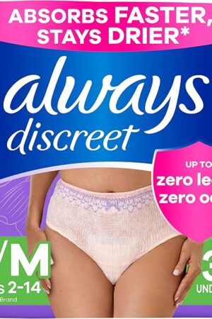 Always Discreet Adult Incontinence Underwear for Women and Postpartum Underwear, Small/Medium, Up to 100% Bladder Leak Protection, 32 Count