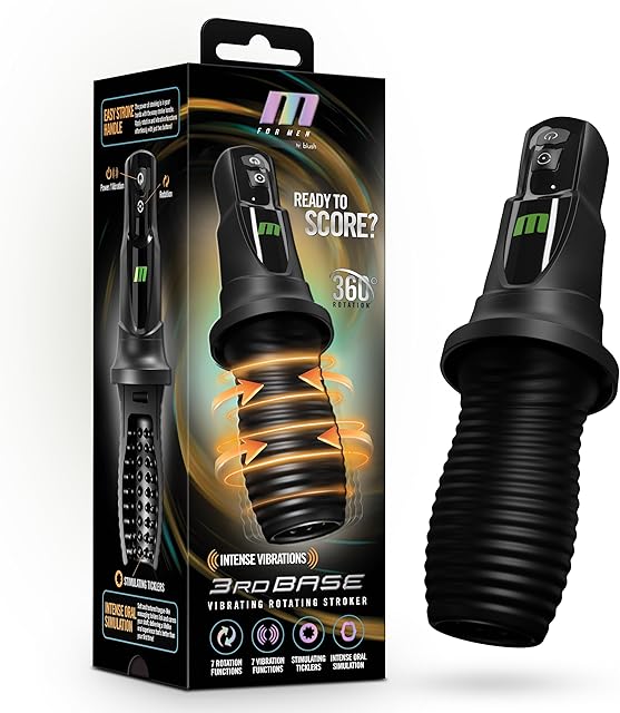 Blush Adult Sex Toys for Men - M for Men 3rd Base 360° Male Masturbator Stroker - 7 Rotating Vibrating Modes - Tongue-Like Ticklers for Enhanced Oral Sensations - Automatic Blowjob Sex Machine - Black