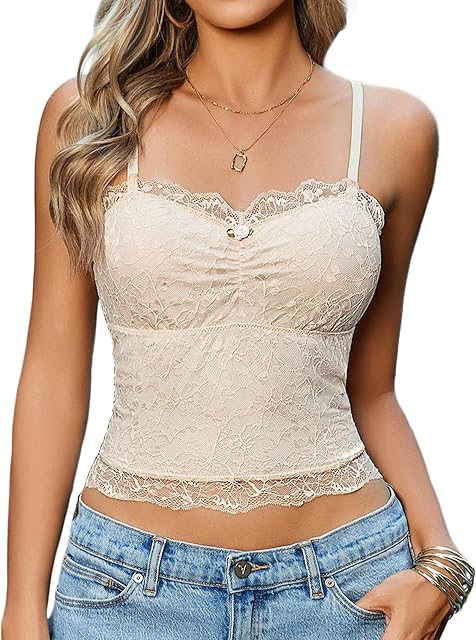 Lace Camisole Tops Women Crop Top Ruched Tank Going Out Sexy Spaghetti Strap Cami Bralette