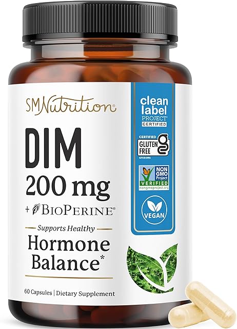 DIM Supplement 200 mg | Estrogen Balance for Women & Men | Hormonal Acne, Hormone Balance, Menopause & Antioxidant Support | Clean Label Project Certified, Vegan & Soy Free Diindolylmethane | 60 Ct