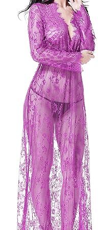 Women's Sexy See-Through Lace Babydoll Nightwear Long Gown Lingerie Dress