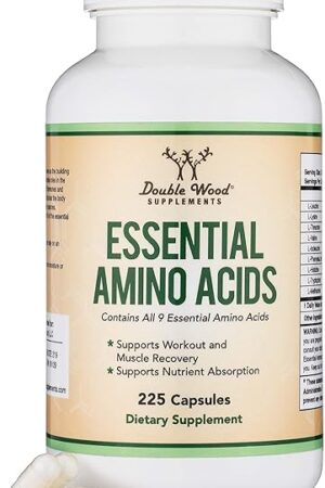 Essential Amino Acids - 1 Gram Per Serving Powder Blend of All 9 Essential Aminos (EAA) and All Branched-Chain Aminos (BCAAs) (Leucine, Isoleucine, Valine) 225 Capsules, Gluten Free by Double Wood
