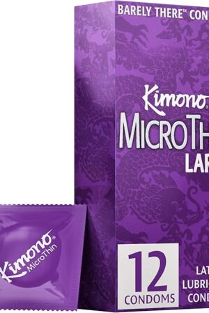Kimono MicroThin Large Pack of 12 - Premium Lubricated Natural Latex Condoms, Ultra Thin, Larger Tip Condoms, Vegan-Friendly, No Latex Odor - Enhanced Sensitivity