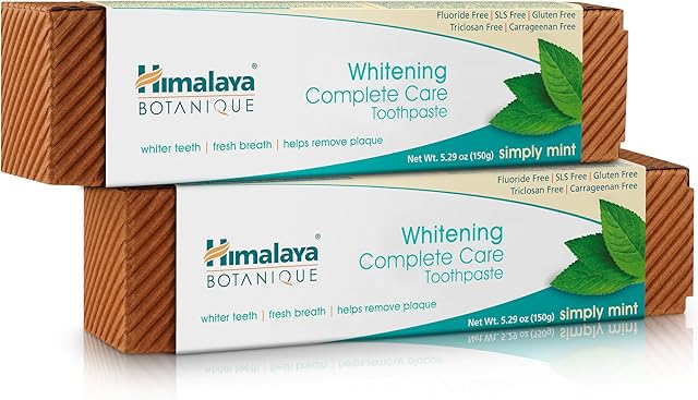 Himalaya Botanique Whitening Complete Care Toothpaste, Teeth Whitening, Fights Plaque, Fluoride Free, No Artificial Flavors, SLS Free, Cruelty Free, Foaming, Simply Mint Flavor, 529 Oz, 2 Pack