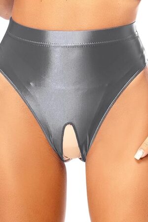 Women Oil Glossy Open Crotch Underwear High Waist Tummy Control Stretchy Booty Shorts
