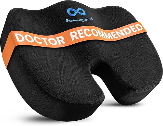 Everlasting Comfort Doctor Recommended Memory Foam Seat Cushion for Office Chairs & Car Seat - Ergonomic Office Desk Accessories for Tailbone Pain Relief, Sciatica & Back Support - Black