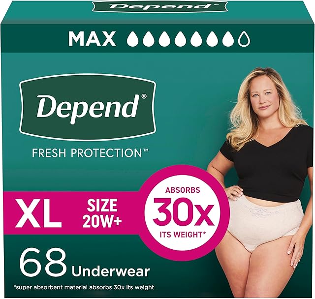 Depend Fresh Protection Adult Incontinence & Postpartum Bladder Leak Underwear for Women, Disposable, Maximum, Extra-Large, Blush, 68 Count (2 Packs of 34), Packaging May Vary