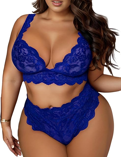 Women Plus Size 2 Piece Lingerie Sexy Floral Lace Scallop Trim Bralette and High Waist Panty Set