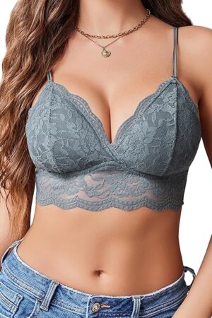 Lace Bralette for Women V Neck Tank Top Spaghetti Strap Tube Slim Camisole Lingerie with Detachable Padded