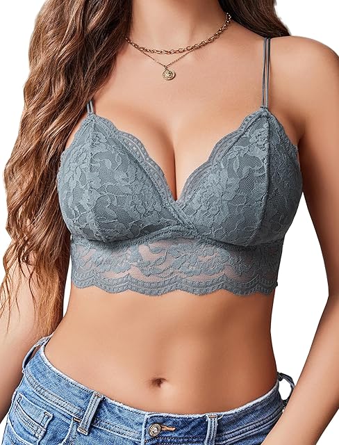 Lace Bralette for Women V Neck Tank Top Spaghetti Strap Tube Slim Camisole Lingerie with Detachable Padded