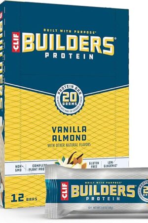 CLIF BUILDERS Protein Bars - Vanilla Almond Flavor - 20g Plant Based Protein - Gluten Free - Non-GMO - Low Glycemic - No Artificial Sweeteners - 24 oz (12 Pack)