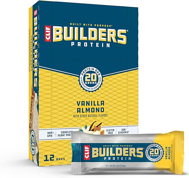 CLIF BUILDERS Protein Bars - Vanilla Almond Flavor - 20g Plant Based Protein - Gluten Free - Non-GMO - Low Glycemic - No Artificial Sweeteners - 24 oz (12 Pack)