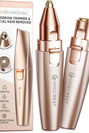Eyebrow & Facial Trimmer: 2 in1 Rechargeable Facial Hair Removal & Eyebrow Shaver - Body Razor with Built-in LED Light (Rose Gold)