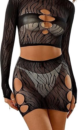 Women's Cut-out Fishnet Sexy Lingerie Set Mesh Stretchy Bodysuit Top with Dress - 2 Piece Costume Set