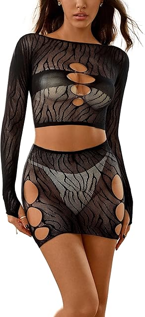Women's Cut-out Fishnet Sexy Lingerie Set Mesh Stretchy Bodysuit Top with Dress - 2 Piece Costume Set