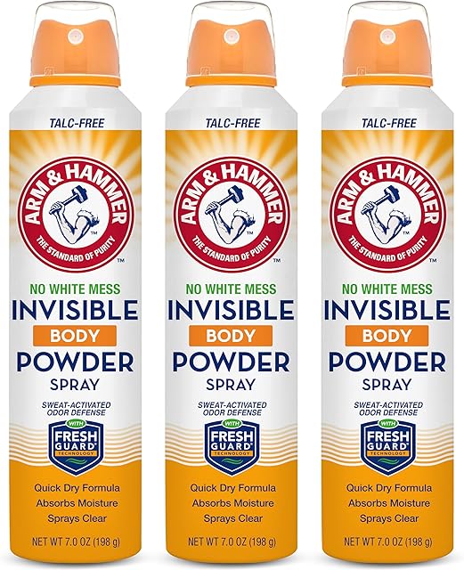 Arm & Hammer Invisible Body Powder Spray, Clear Talc-Free Body Odor & Sweat Control for Men & Women, Spray Body Powder for Women and Men, Arm and Hammer Body Spray Powder, 7 Oz (3 Pack)