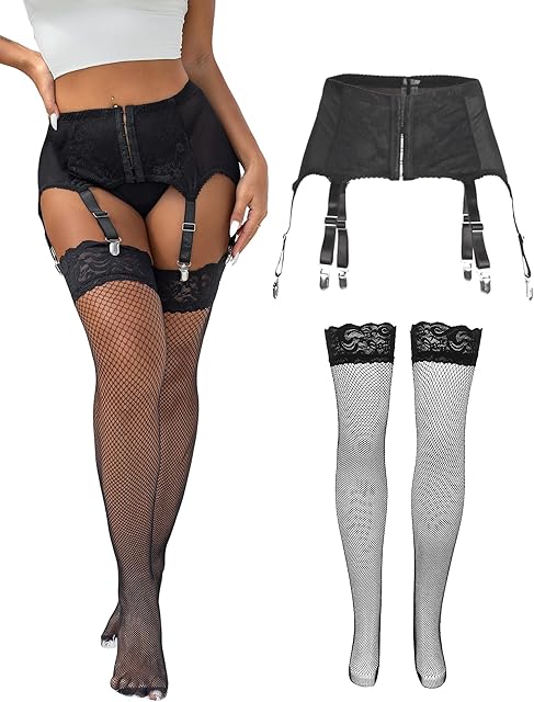 Garter Belt Set Plus Size Garter Belt and Thigh Highs Set Lace Suspender Belts for Women 6 Strap