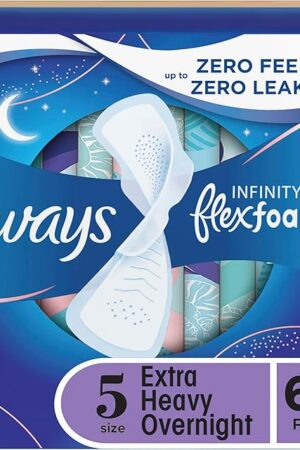 Always Infinity Feminine Pads for Women, Flexfoam Pads with Wings, Size 5, Extra Heavy Overnight Absorbency, Unscented, 66 Count (Packaging May Vary)