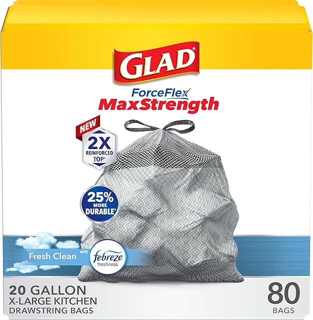 Glad ForceFlex MaxStrength XL Kitchen Trash Bags, 20 Gal, Fresh Clean, 80 Ct (Package May Vary)