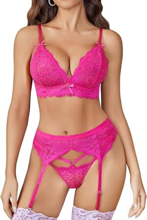 Women Garter Lingerie Set 3 Piece Lace Bra and Panty Set with Garter Blet Sexy Bralette Set