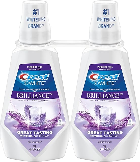 Crest Mouthwash/Mouth Rinse, 3D White Brilliance Whitening, Alcohol Free, Clean Mint, 2x1L (338 fl oz)