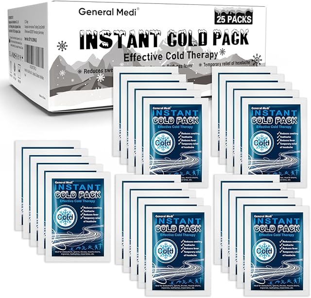 General Medi Instant Ice Cold Pack (4?x 55?) ? 25 Packs Disposable Cold Therapy Ice Packs for Pain Relief, Swelling, Inflammation, Sprains, Toothache ? for Athletes & Outdoor Activities