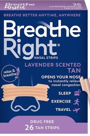 Breathe Right Nasal Strips Lavender Scent Extra Strength Tan Nasal Strips Help Stop Snoring Drug-Free Snoring Solution & Nasal Congestion Relief Caused By Colds & Allergies 26ct (packaging may vary)
