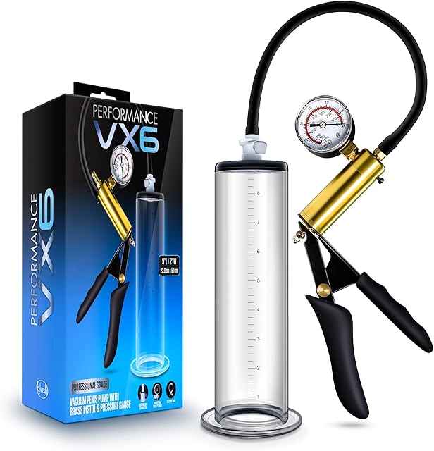 Blush Novelties Performance VX6 Penis Pump System for Men - Brass Pistol Grip, Pressure Gauge, 95" Cylinder, Quick Release Valve, Customizable Nterchange Compatible Male Penis Enlargement Device