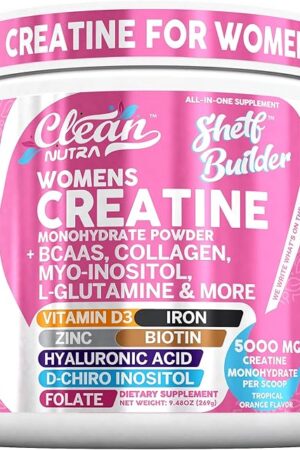 Creatine for Women | Creatine Monohydrate + BCAA Powder Myo-Inositol Collagen Biotin Hyaluronic Acid Folate L Glutamine Vitamin D3 Iron Zinc D-Chiro-Maca Digestion Shelf Builder by Clean Nutra