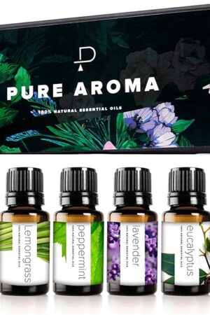 Essential Oils Set by Pure Aroma - Top 6 Aromatherapy Oils Gift Set-6 Pack, 10ml (Eucalyptus, Lavender, Lemongrass, Sweet Orange, Peppermint, Tea Tree)
