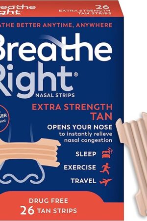 Breathe Right Nasal Strips Extra Strength Tan Nasal Strips Help Stop Snoring Drug-Free Snoring Solution & Instant Nasal Congestion Relief Caused by Colds & Allergies 26ct (packaging may vary)