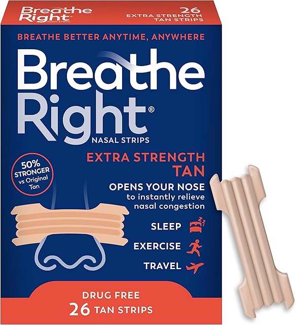 Breathe Right Nasal Strips Extra Strength Tan Nasal Strips Help Stop Snoring Drug-Free Snoring Solution & Instant Nasal Congestion Relief Caused by Colds & Allergies 26ct (packaging may vary)