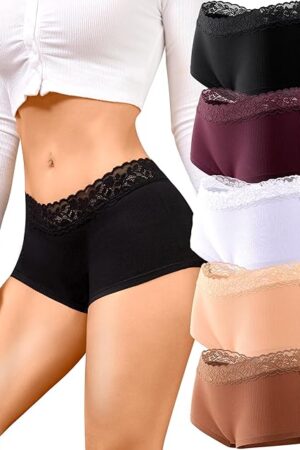 Cotton Underwear for Women Boy Shorts Lace Boxer Briefs Soft Full Coverage Womens Panties 5 Pack S-XXL
