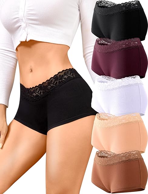 Cotton Underwear for Women Boy Shorts Lace Boxer Briefs Soft Full Coverage Womens Panties 5 Pack S-XXL