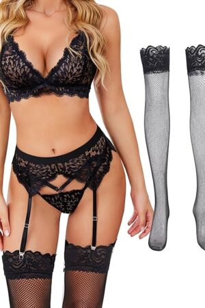 Womens Sexy Lingeries Set Floral Lace Bra and Panty with Garter Belt and Stockings Exotic Garter Set
