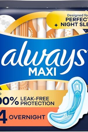 Always Maxi Overnight Pads with Wings for Women, Size 4, Overnight Absorbency, Unscented, 33 Count