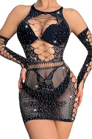 Women's Sexy Lingerie Sparkle Rhinestone Fishnet Dress One Piece Mini Babydoll Cutout Mesh Outfits