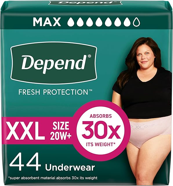 Depend Fresh Protection Adult Incontinence & Postpartum Bladder Leak Underwear for Women, Disposable, Maximum, Extra-Extra-Large, Blush, 44 Count (2 Packs of 22), Packaging May Vary