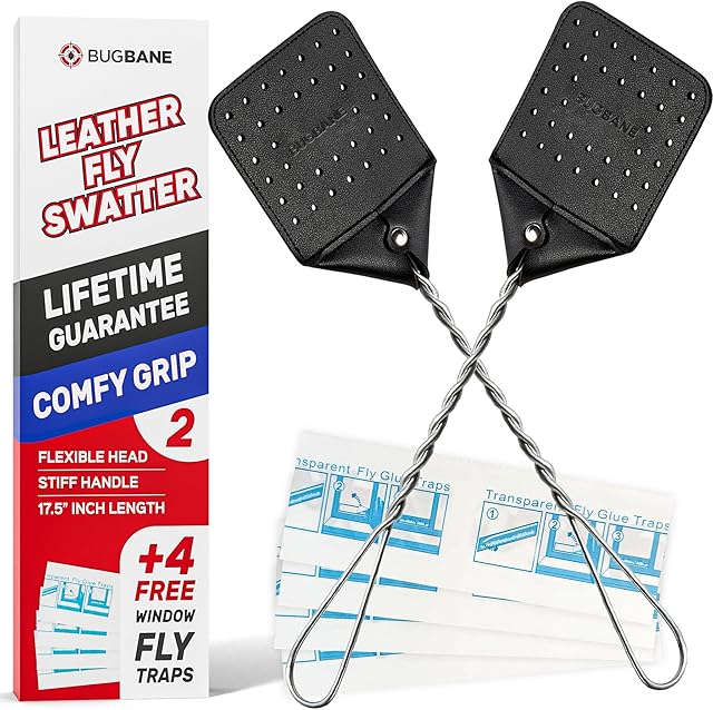 2 Leather Fly Swatter for Indoors Long Handle, Heavy Duty Fly Swatter Manual Multi Pack Flyswatters Heavy Duty Flyswatter 2 pack Flies Swater Includes 4 Sticky Window Bug Traps Mata Moscas Outdoor