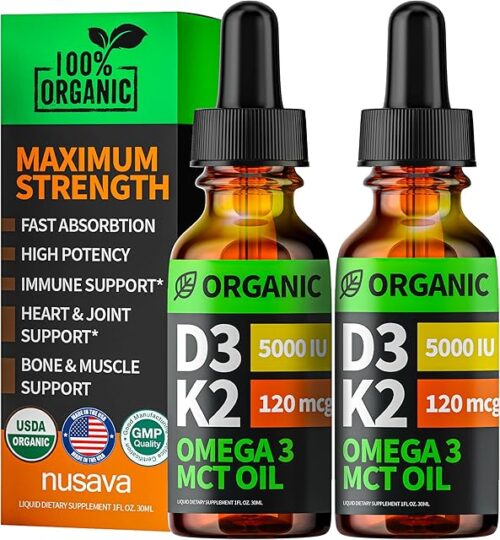 (2 Pack) Organic Vitamin D3 K2 Drops with MCT Oil, Omega 3, 5000 IU - Vitamin D Liquid, No Fillers, Non-GMO D3 for Body?s Defenses and Faster Absorption, Unflavored, 2 Fl Oz
