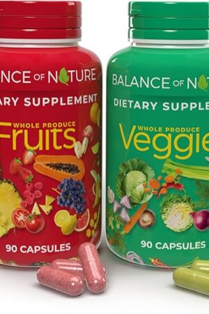 Balance of Nature Fruits and Veggies Supplements - Whole Fruit and Vegetable Ingredients for Women, Men, and Kids - 90 Fruit Capsules, 90 Veggie Capsules - 1 Set