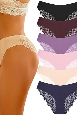 Cheeky Underwear for Women Lace No Show Bikini Soft Breathe Seamless Panties Ladies Sexy Hipster Set 6 Pack