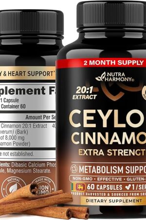 Ceylon Cinnamon Capsules - Extra Strength - Energy Heart & Metabolism Support for Men & Women - Pure Natural Cinnamon 20:1 Extract Supplement - GMO & Gluten Free - Made in USA - 60 Capsules 2 Month