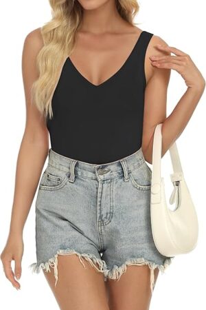 Womens Trendy Sexy Plunge Deep V Neck Sleeveless Outfits Body Suits Backless Basic Tank Thong Shapewear Bodysuits for Going Out Black-L