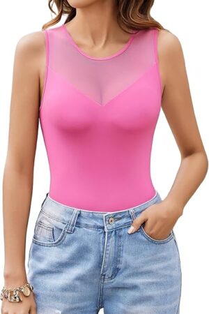 Bodysuits for Women Summer Tops Mesh Crew Neck Leotards Shirts Sleeveless Going Out Bodysuit Tops