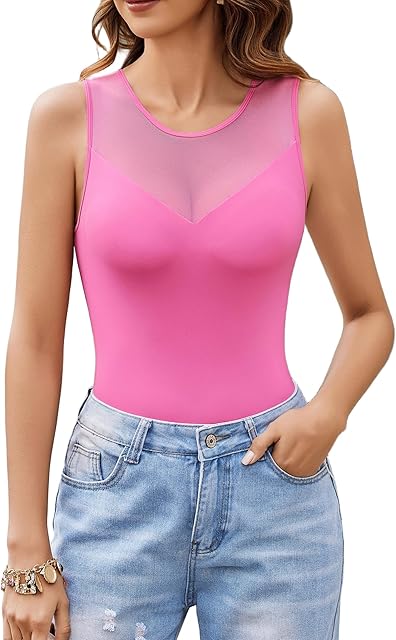 Bodysuits for Women Summer Tops Mesh Crew Neck Leotards Shirts Sleeveless Going Out Bodysuit Tops