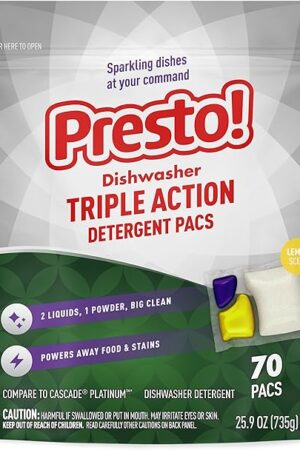 Amazon Brand - Presto! Triple Action Dishwasher Pacs, Lemon Scent, 70 Count