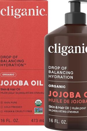 Cliganic Organic Jojoba Oil 16oz with Pump, 100% Pure | Bulk, Moisturizing Oil for Face, Hair, Skin & Nails | Natural Cold Pressed (Packaging May Vary)